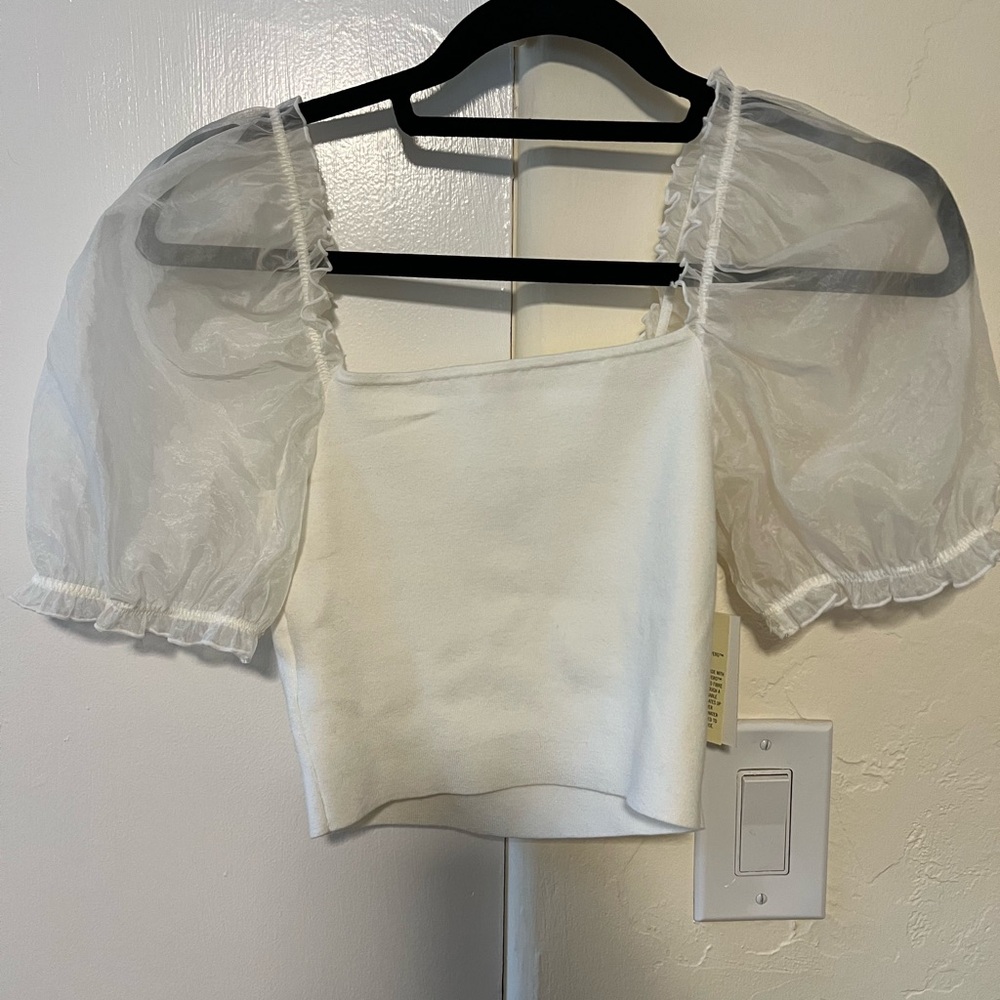 White crop top with sheer sleeves